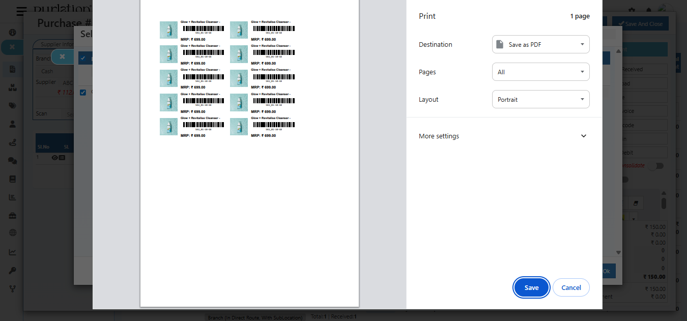 Generated barcode labels result screen after printing setup