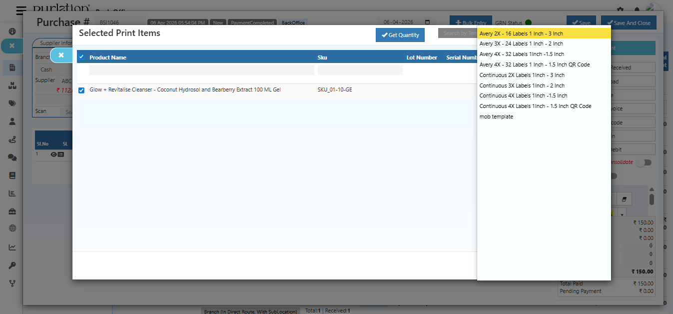 Barcode print dialog showing template selection