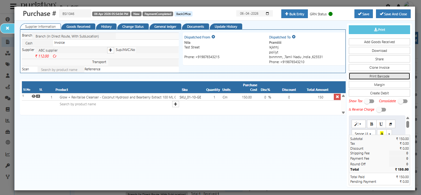 Purchase invoice screen showing the Print Barcode button
