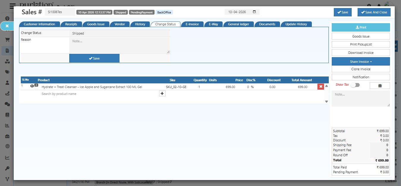 O2VEND Sales Invoice Change Status tab showing Change Status field set to Shipped, Reason text box with Note placeholder, and Save button