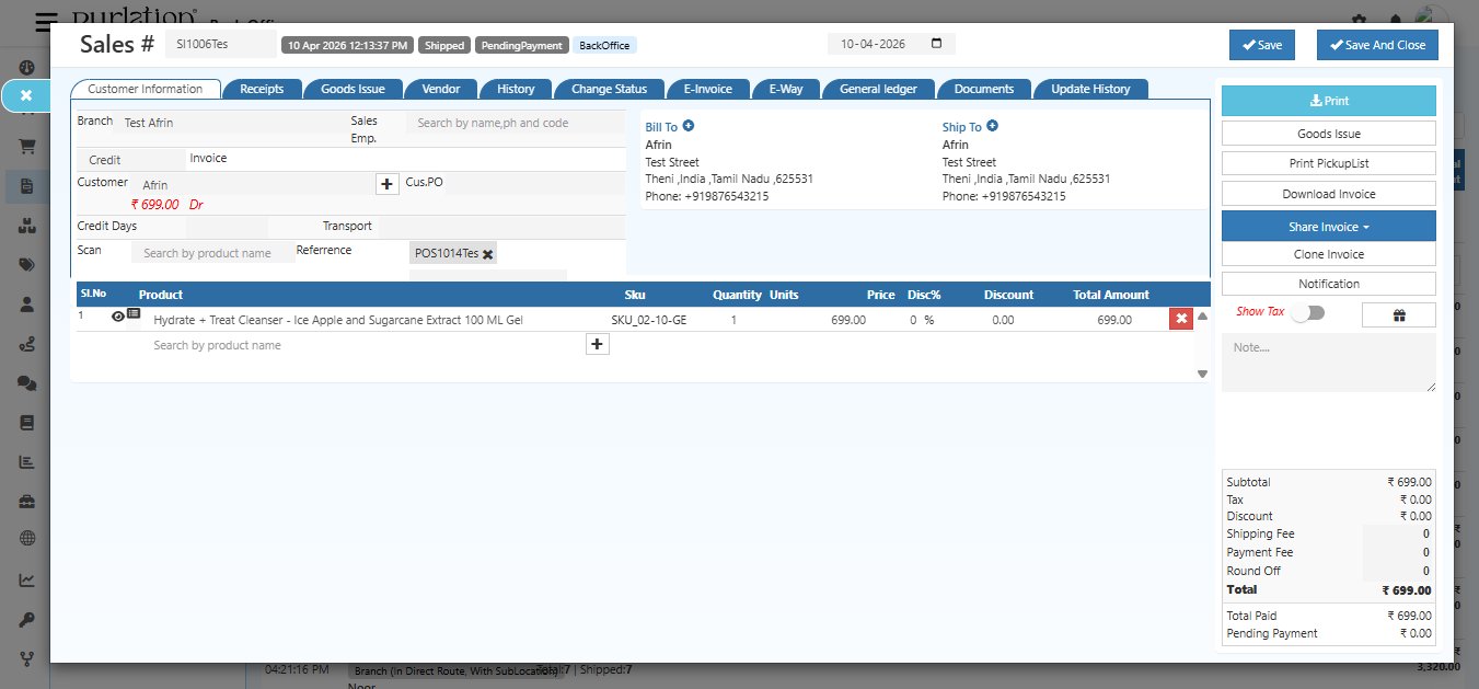 O2VEND Sales Invoice Customer Information tab showing Branch, Sales Employee, Invoice type Credit, Customer name Afrin with credit amount, Credit Days, Transport, Scan field, Reference number POS1014Tes, Bill To and Ship To addresses, and product table with Hydrate Treat Cleanser product
