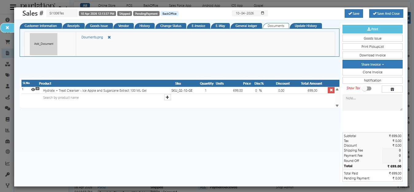 O2VEND Sales Invoice Documents tab showing Add Document button and an uploaded file named Douments.png with a delete icon