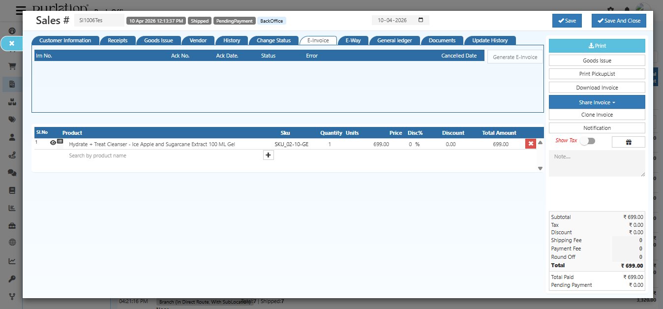 O2VEND Sales Invoice E-Invoice tab showing columns for Irn No, Ack No, Ack Date, Status, Error, Cancelled Date, and Generate E-Invoice button on the right