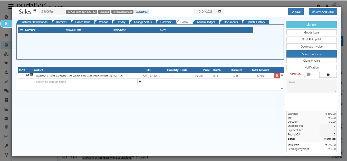 O2VEND Sales Invoice E-Way tab showing columns EWB Number, ewayBillDate, ExpiryDate, and Alert for tracking E-Way bills linked to this invoice