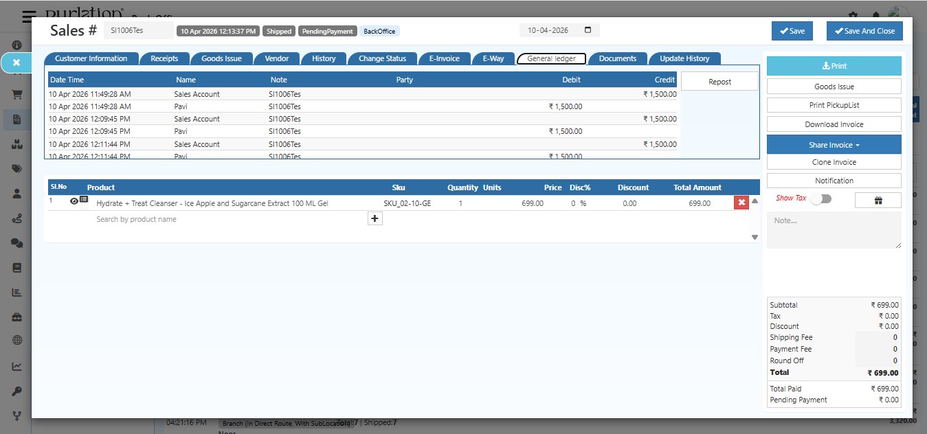 O2VEND Sales Invoice General Ledger tab showing accounting entries with Date Time, Name Sales Account and Pavi, Note SI1006Tes, Party, Debit and Credit columns with amounts of 1500, and Repost button on the right