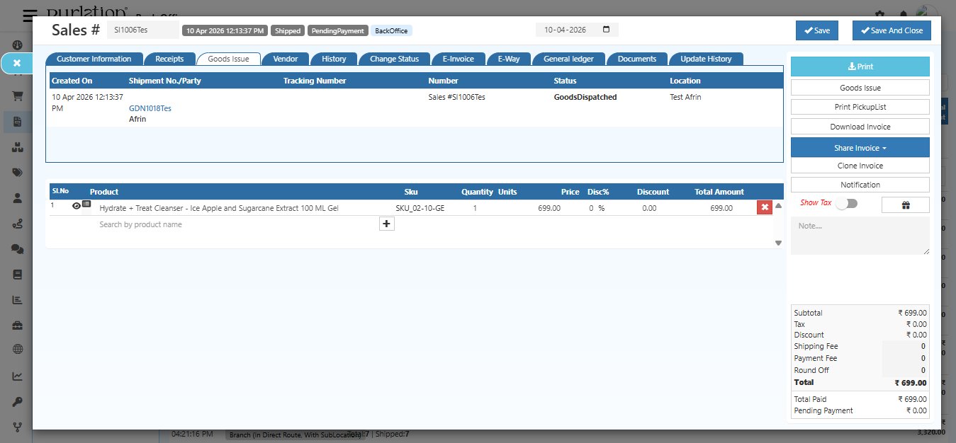 O2VEND Sales Invoice Goods Issue tab showing shipment entry with Created On date, Shipment No GDN1018Tes linked to Sales SI1006Tes, Party name Afrin, Tracking Number, Status GoodsDispatched, and Location Test Afrin