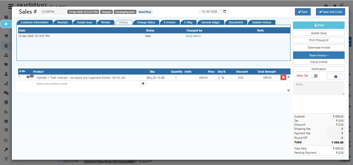 O2VEND Sales Invoice History tab showing one entry dated 10 Apr 2026 12:13:37 PM with Status New, Changed by Shop Admin, and empty Note column