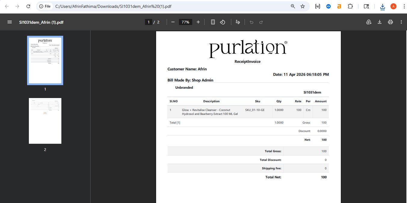 O2VEND downloaded PDF invoice showing company name purlation, ReceiptInvoice heading, Customer Name Afrin, Date, Bill Made By Shop Admin, product table with SKU, Quantity, Rate, Amount, Total Gross, Total Discount, Shipping Fee, and Total Net