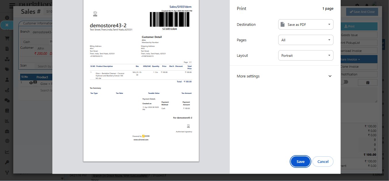 O2VEND Print dialog showing invoice preview for SI1031dem with company logo, customer details, billing and shipping address, product table with HSN/SAC, quantity, price and total, Tax Summary section, Payment Details, and print settings on the right with Destination Save as PDF, Pages All, Layout Portrait