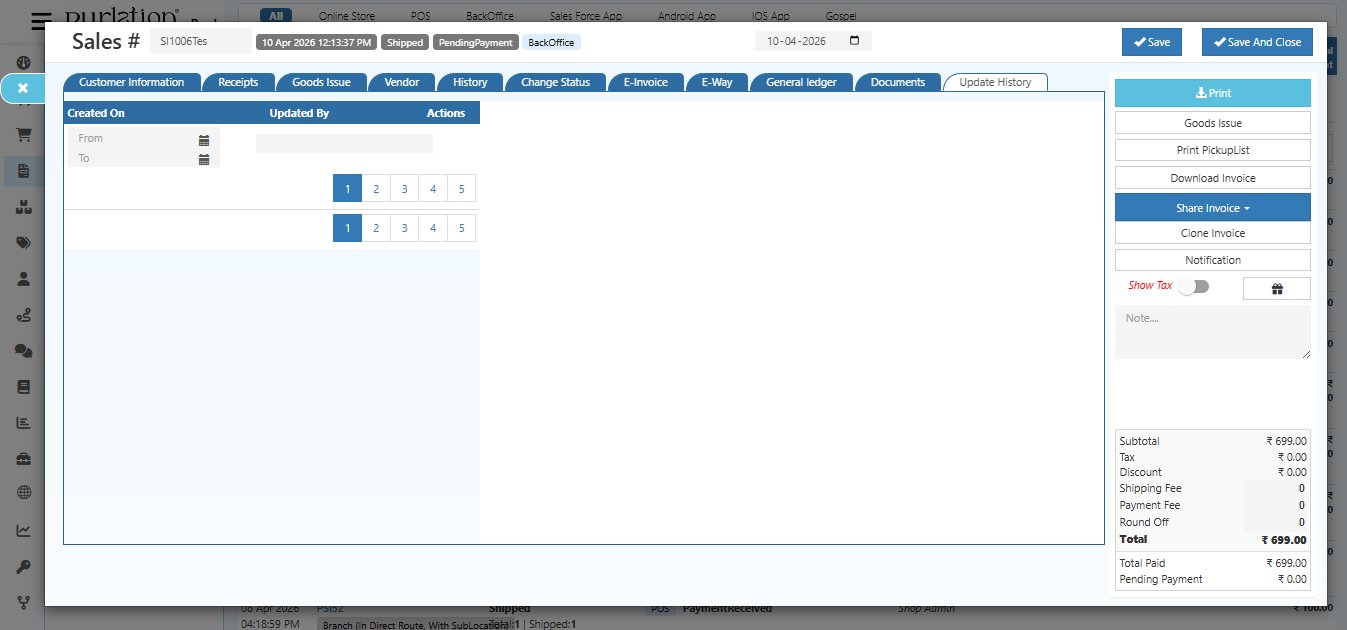 O2VEND Sales Invoice Update History tab showing Created On and Updated By columns with date range filter fields From and To and pagination controls
