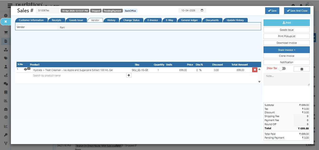 O2VEND Sales Invoice Vendor tab showing Vendor field with value Rani assigned to this invoice