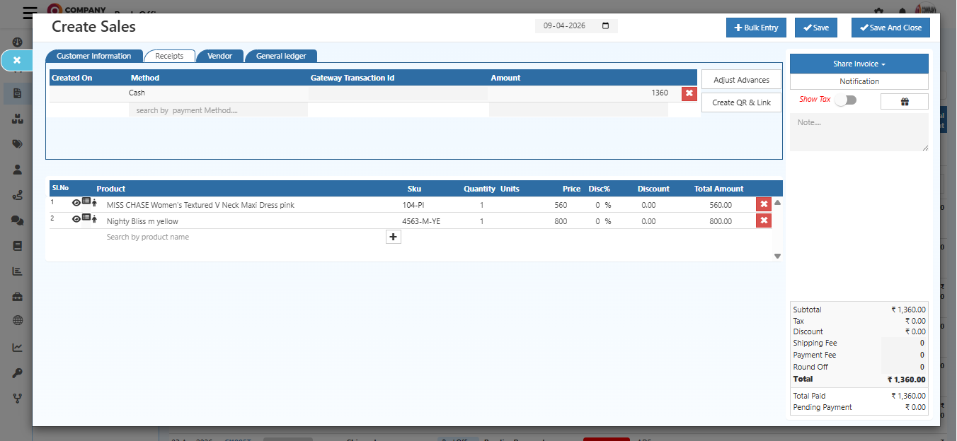 Screenshot of the receipts section in sales invoice for handling payments