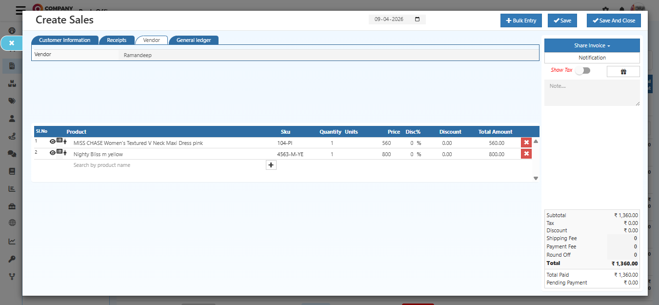 Screenshot showing customer information and address fields in the sales invoice creation form