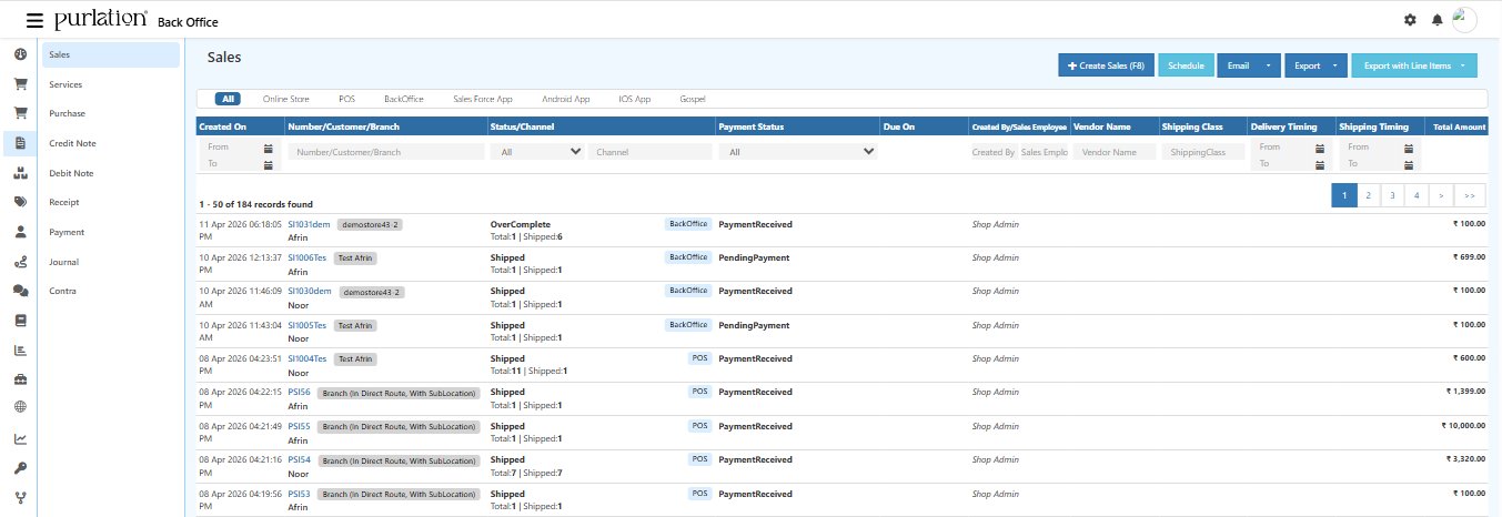 O2VEND Sales list view showing all invoices with columns for Created On, Number/Customer/Branch, Status/Channel, Payment Status, Due On, Created By, Vendor Name, Shipping Class, and Total Amount with channel filter tabs at top