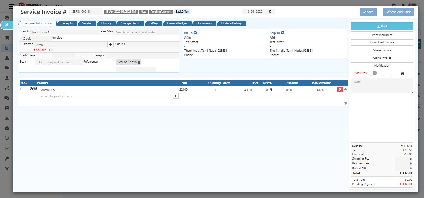 O2VEND Service Invoice detail page showing invoice SERIN-009-13, date 13 Apr 2026, status badges New PendingPayment BackOffice, tabs for Customer Information Receipts Vendor History Change Status E-Way General Ledger Documents Update History, right panel with Print Download Invoice Share Invoice Clone Invoice Notification buttons, and invoice summary with Subtotal Tax Total Pending Payment