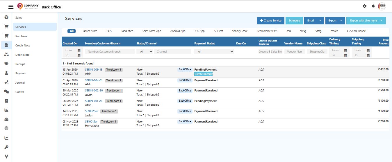 O2VEND Services list showing inline quick action button Create Receipt appearing on hover for a PendingPayment invoice row