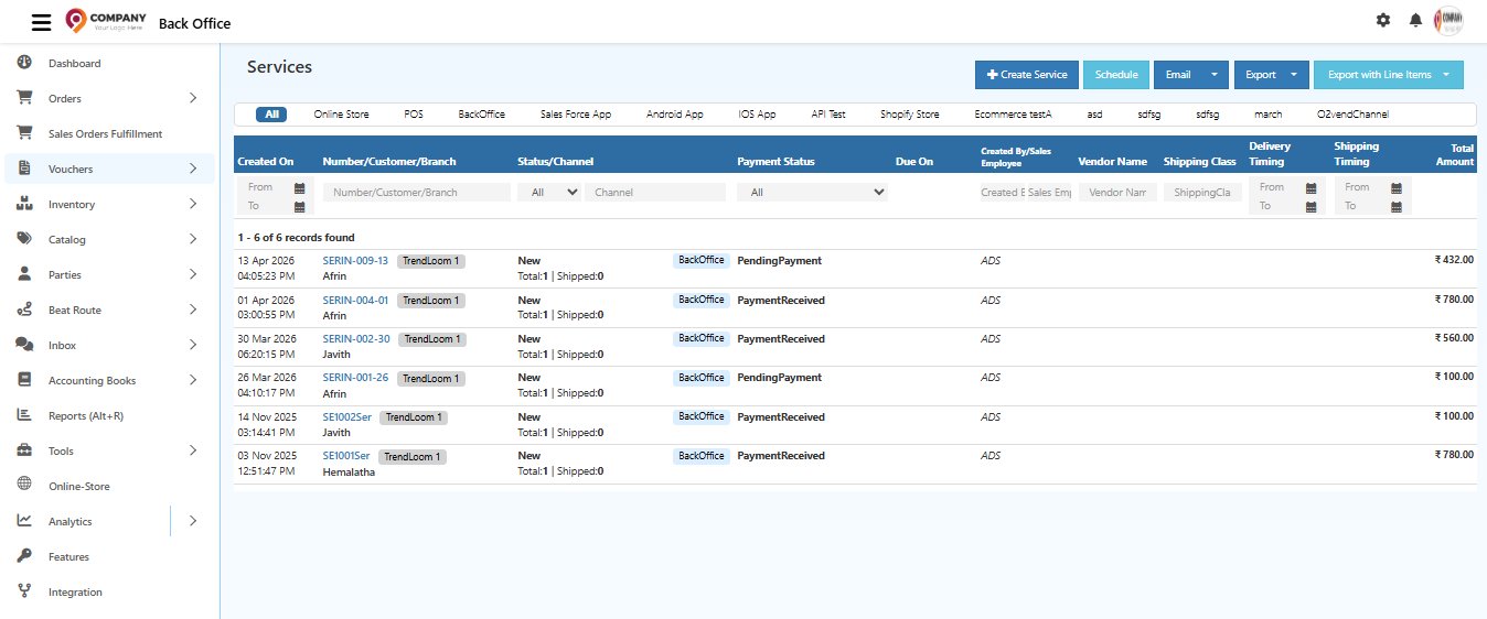 O2VEND Services list page showing all service invoices with columns for Created On, Number/Customer/Branch, Status/Channel, Payment Status, Due On, Created By/Sales Employee, Vendor Name, Shipping Class, Delivery Timing, Shipping Timing, and Total Amount with channel filter tabs at top