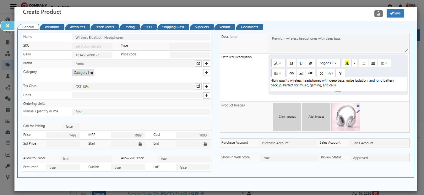 Create Product Dialog showing General tab with fields for Name, SKU, GTIN, Brand, Category, and other product details