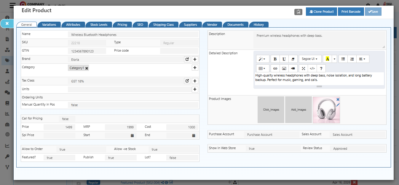 Product General section displaying all fields for product setup including Name, SKU, GTIN, Brand, Category, Tax Class, pricing, and visibility settings