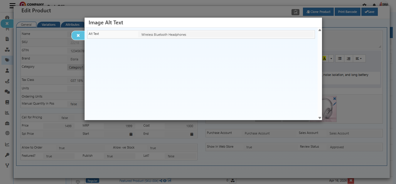 Image Alt Text dialog showing how to add descriptive alt text for product images