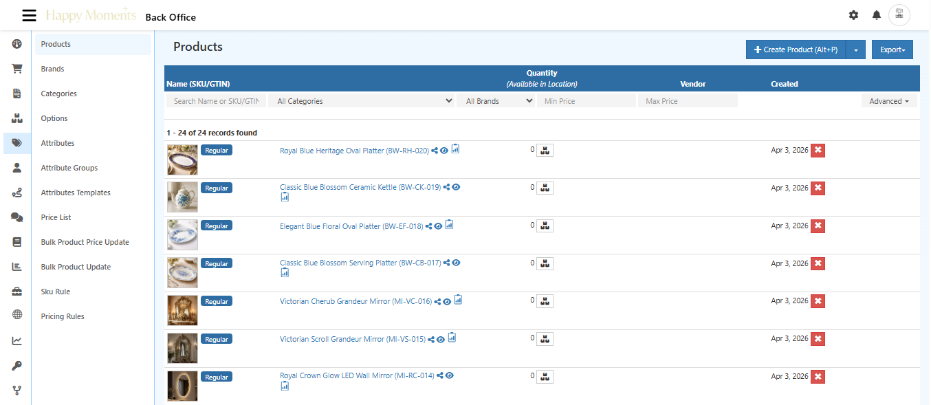 Products list view showing product catalog with thumbnails, names, SKUs, and management options