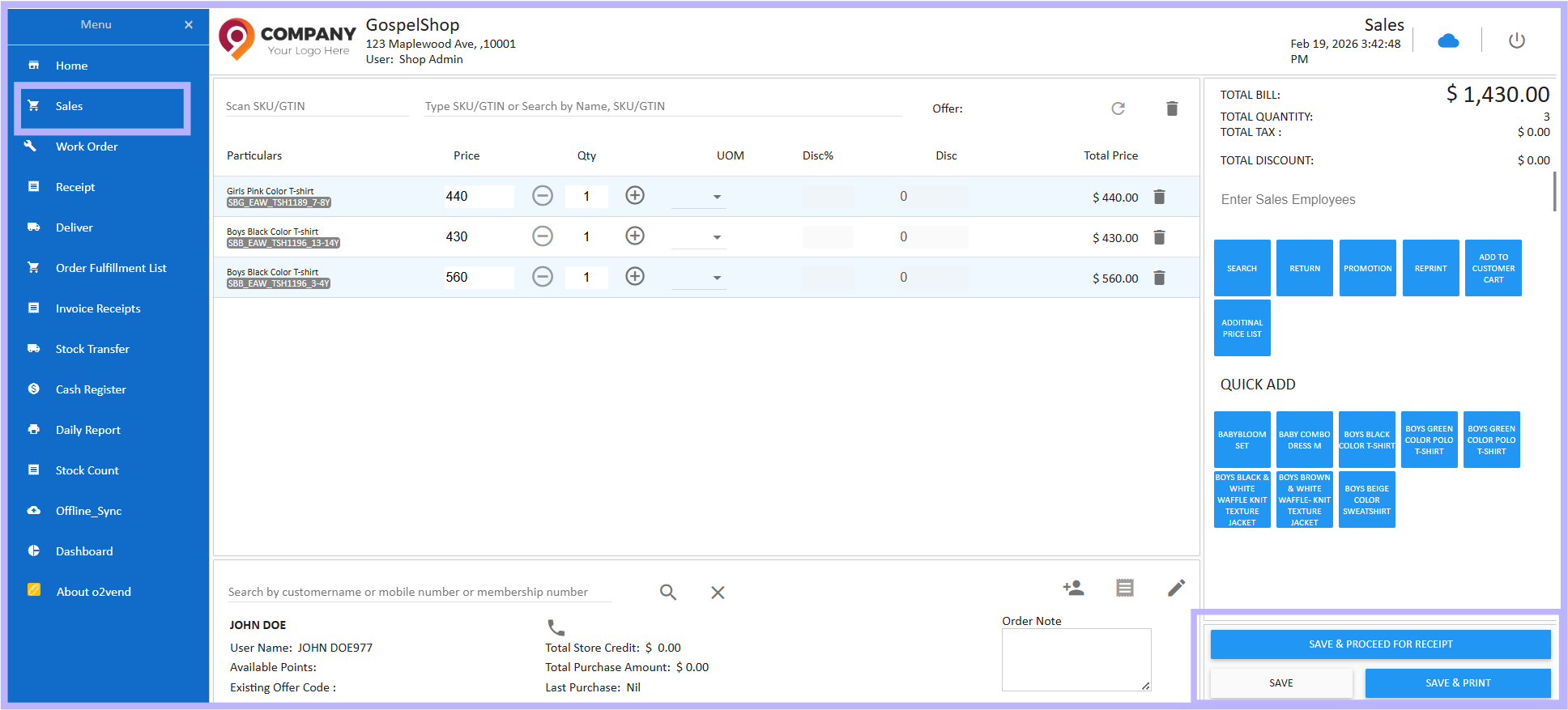 O2VEND POS Sales Management screen with product cart, SKU search, promotions, quick add buttons, total bill summary and save proceed for receipt options
