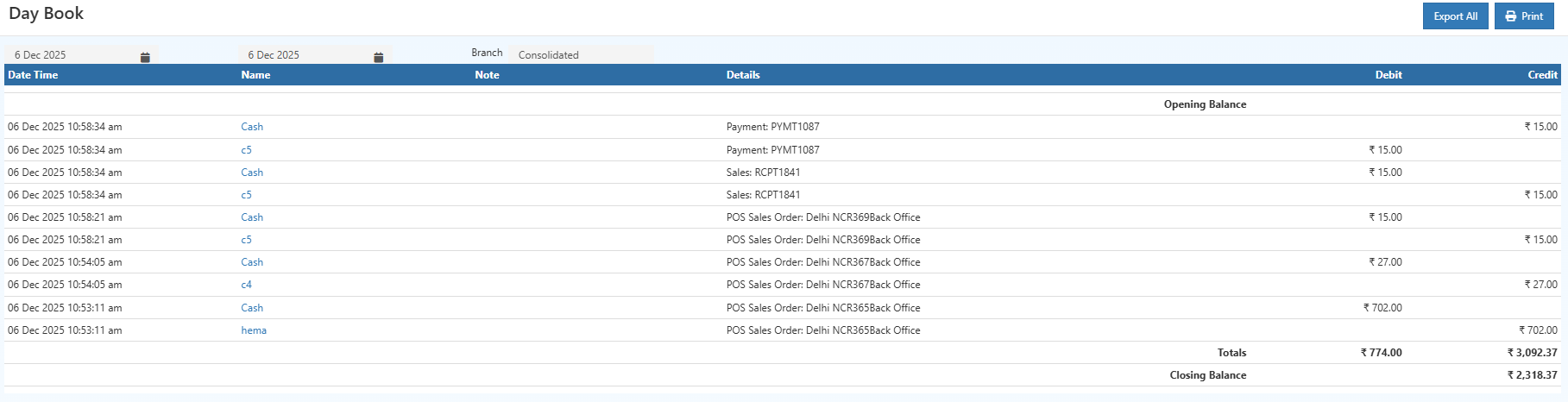 Day Book Report Screenshot