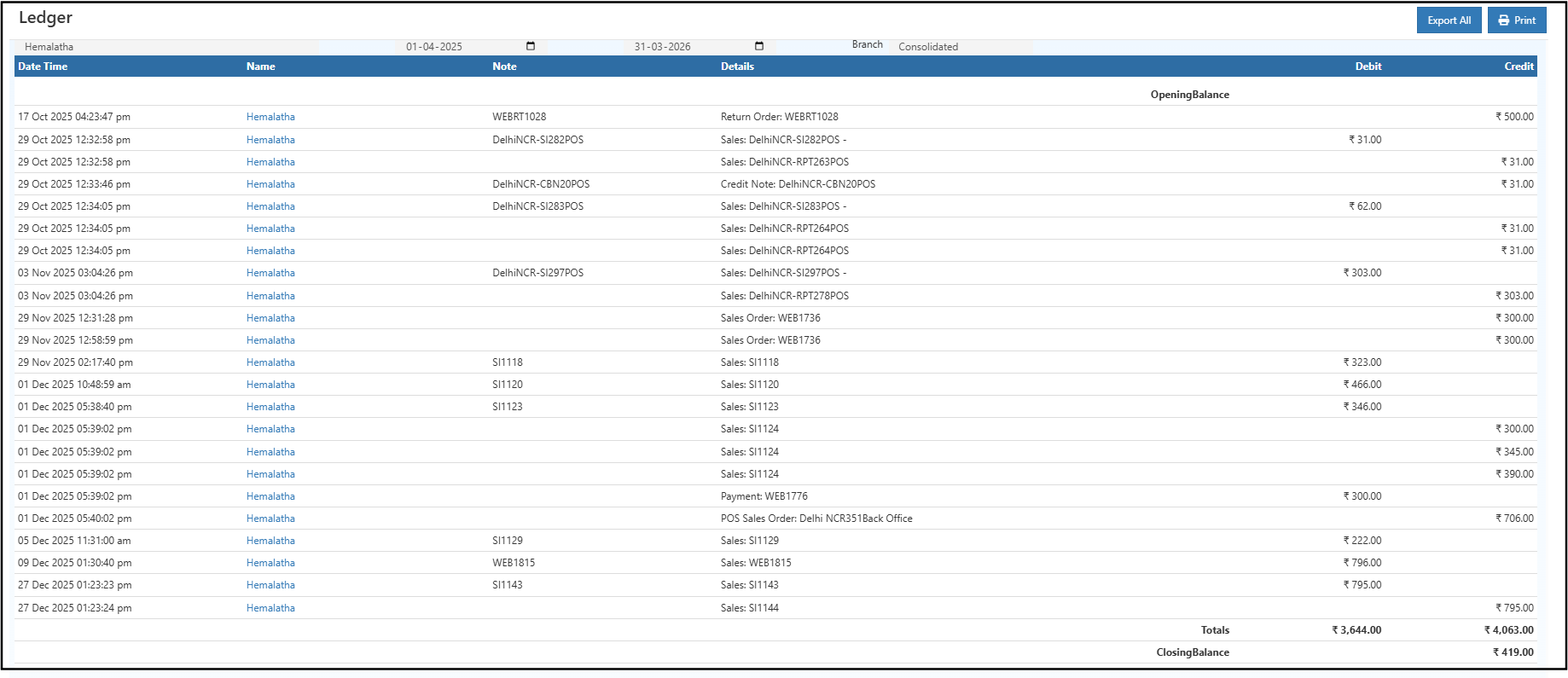 Ledger Report in O2VEND ERP Ledger Report in O2VEND showing customer transactions, debit, credit and closing balance