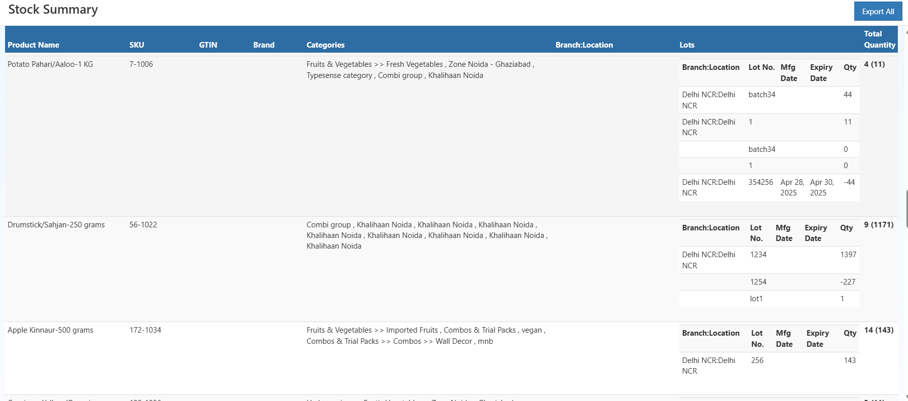 Stock Summary Report in O2VEND showing product-wise, branch-wise and lot-wise inventory