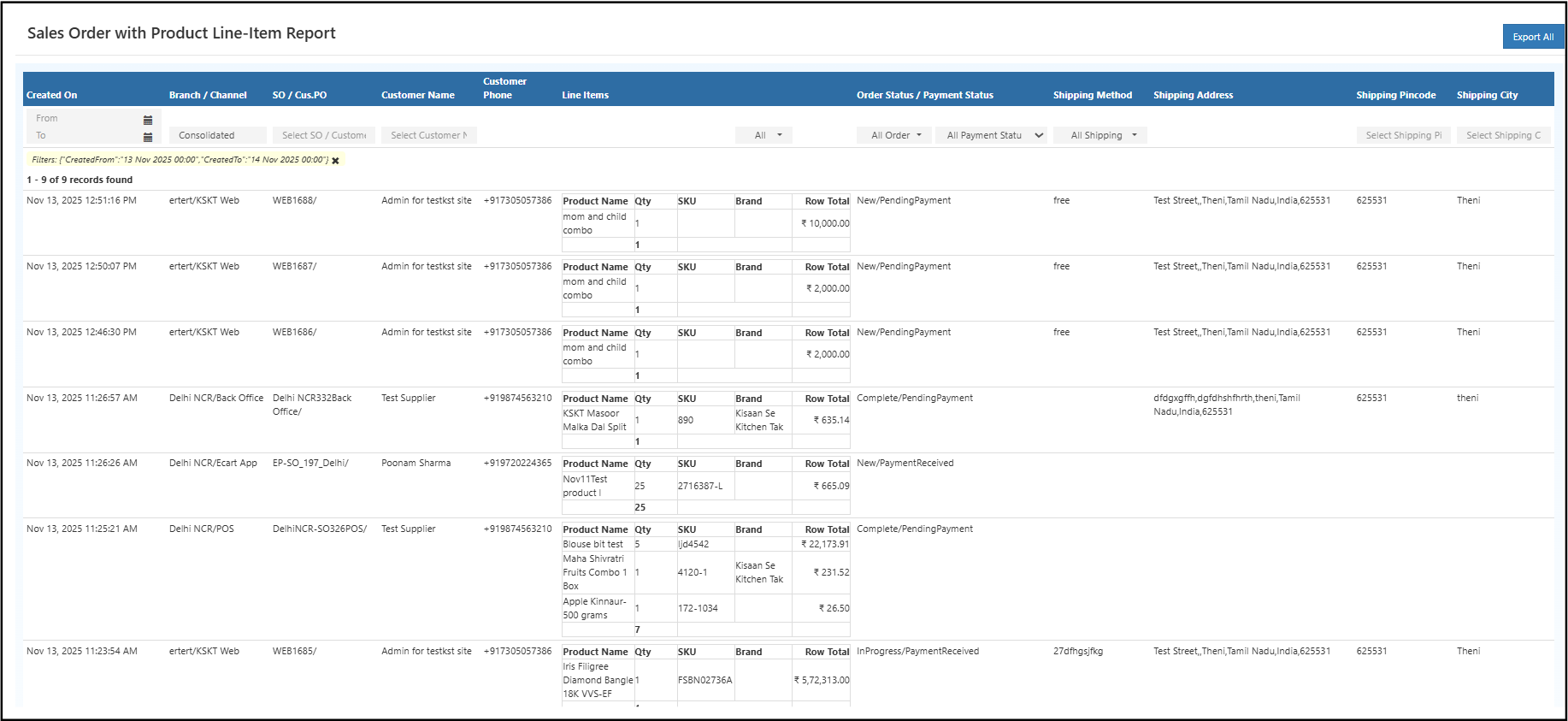 Sales order product line item report in O2VEND Back Office