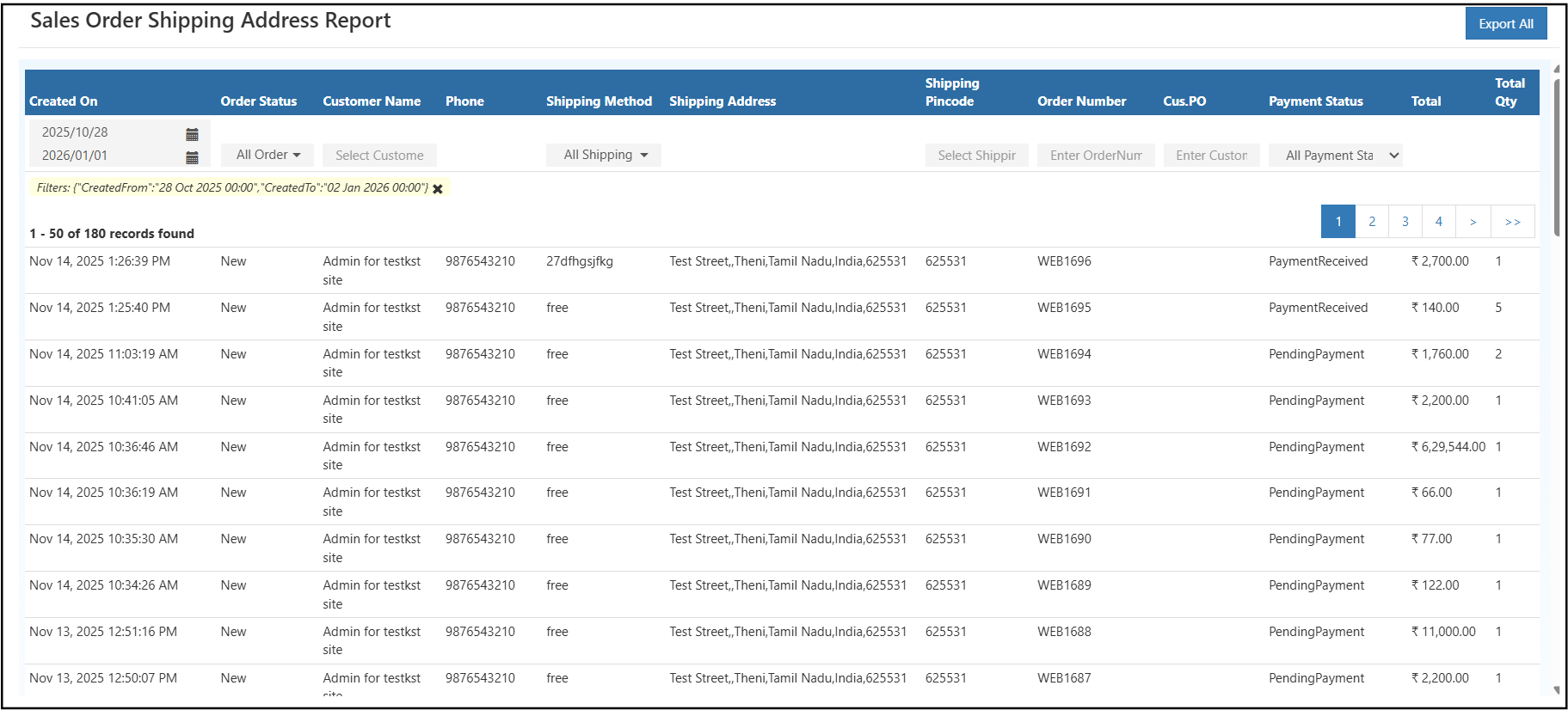 Sales Order Shipping Address Report in O2VEND Back Office