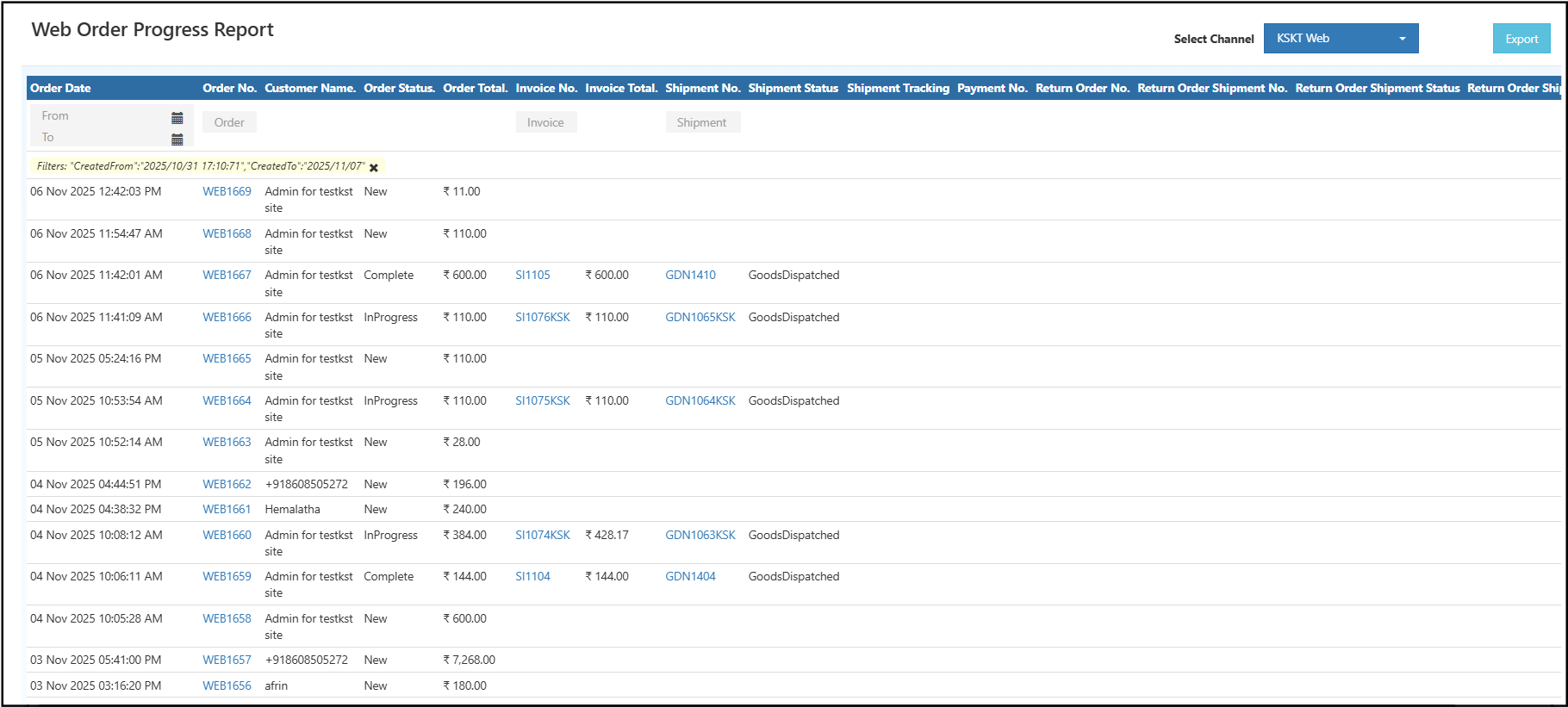 Web Order Progress Report