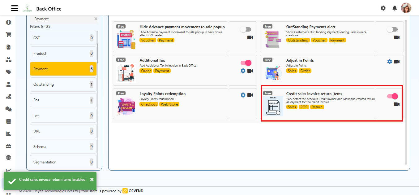Credit Sales Invoice Return Items in O2VEND