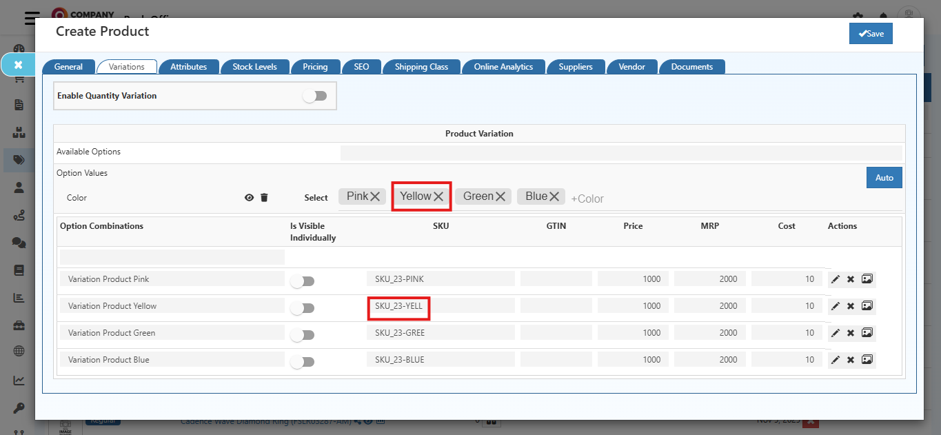 SKU Features in O2VEND