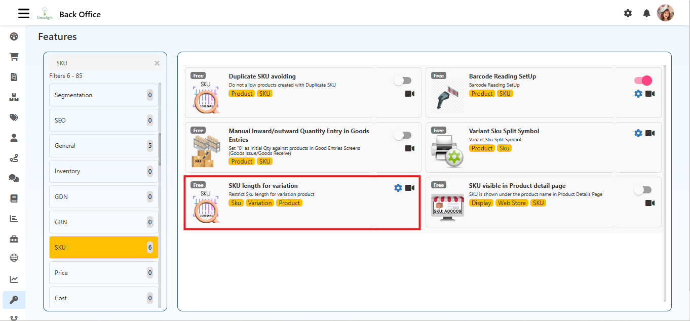 SKU Features in O2VEND