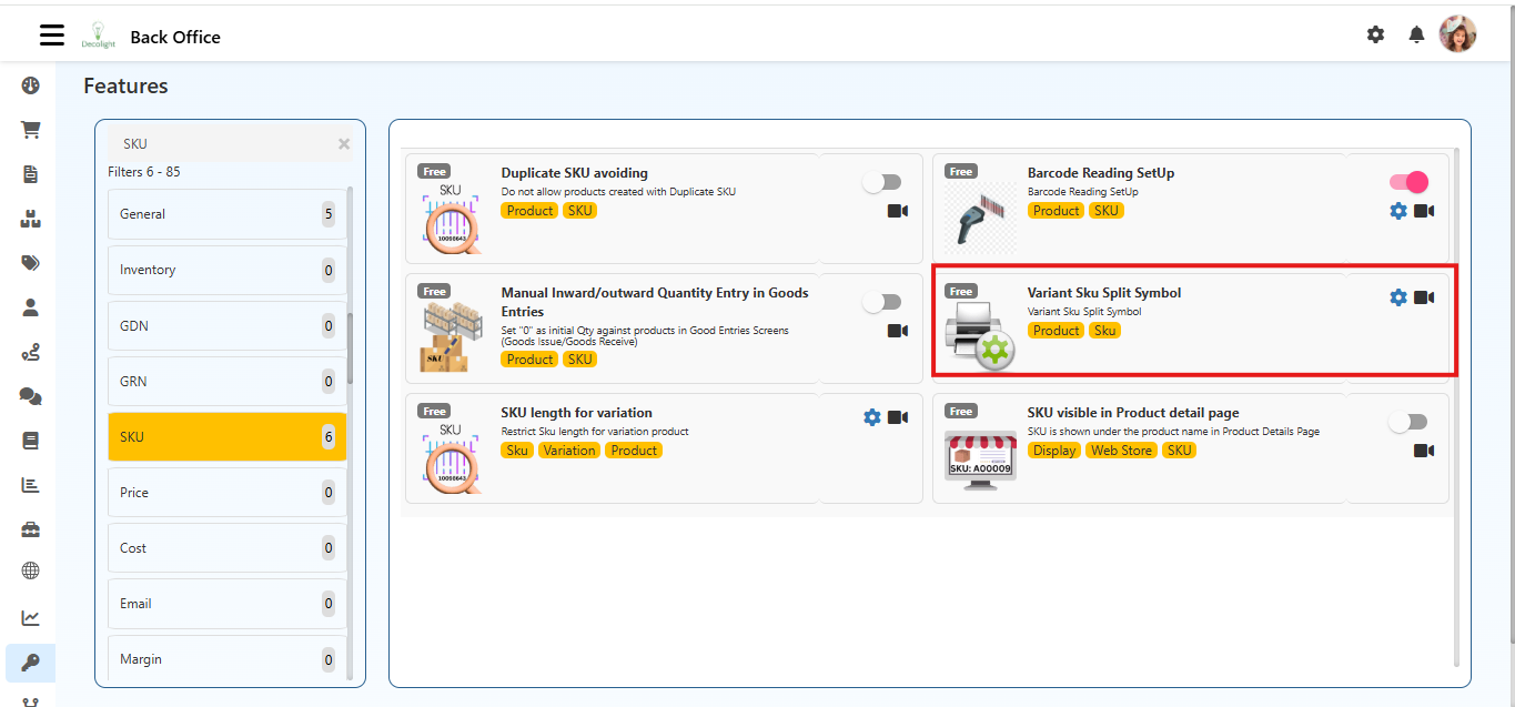 SKU Features in O2VEND
