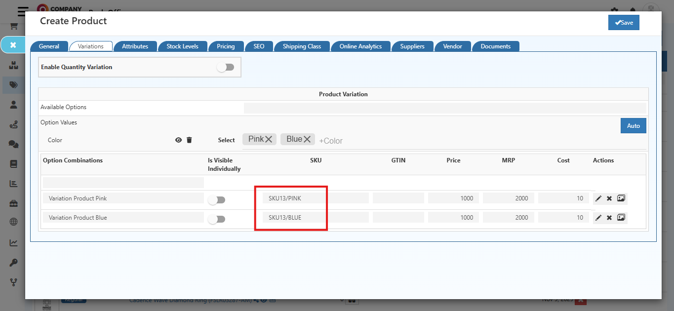SKU Features in O2VEND