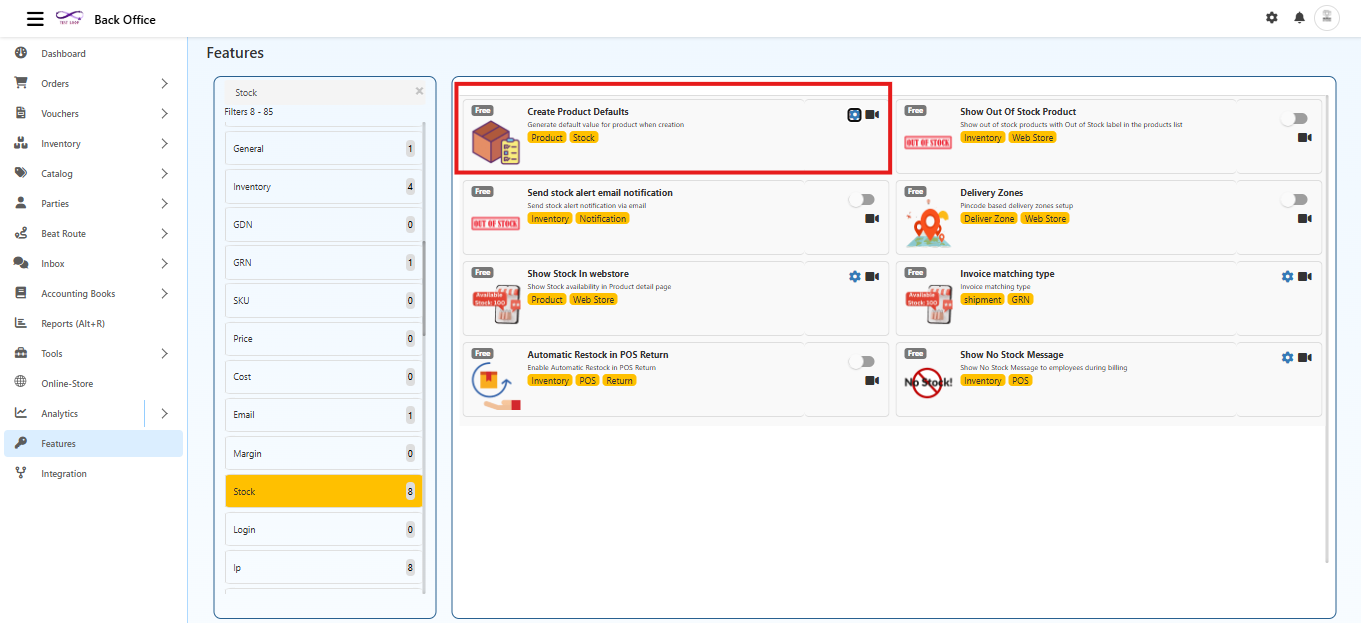 Create Product Defaults Features in O2VEND