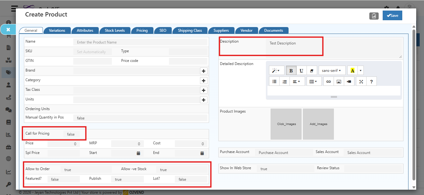 Create Product Defaults Features in O2VEND