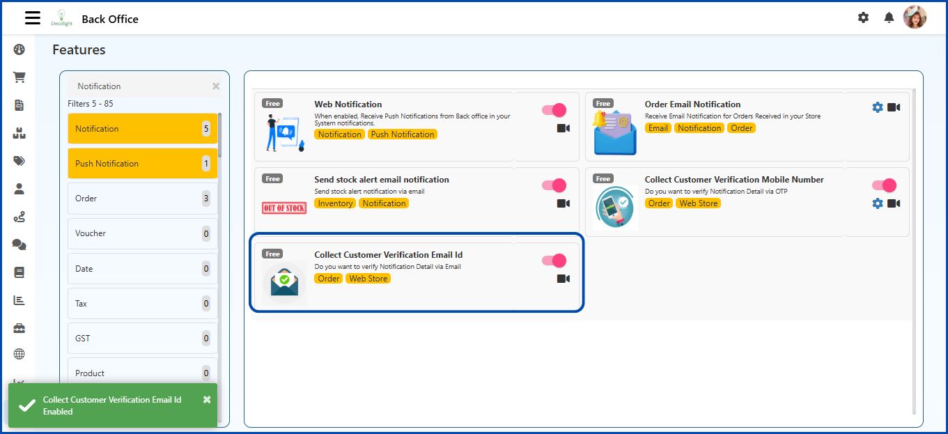 Notification Features in O2VEND
