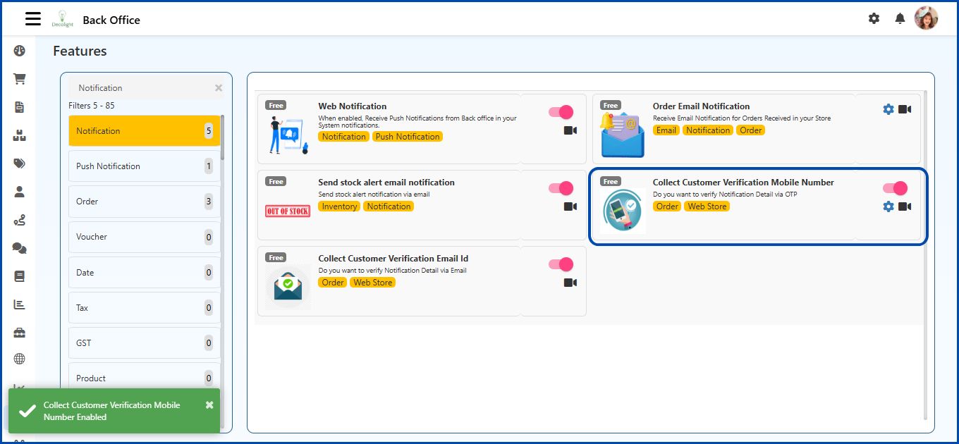 Notification Features in O2VEND