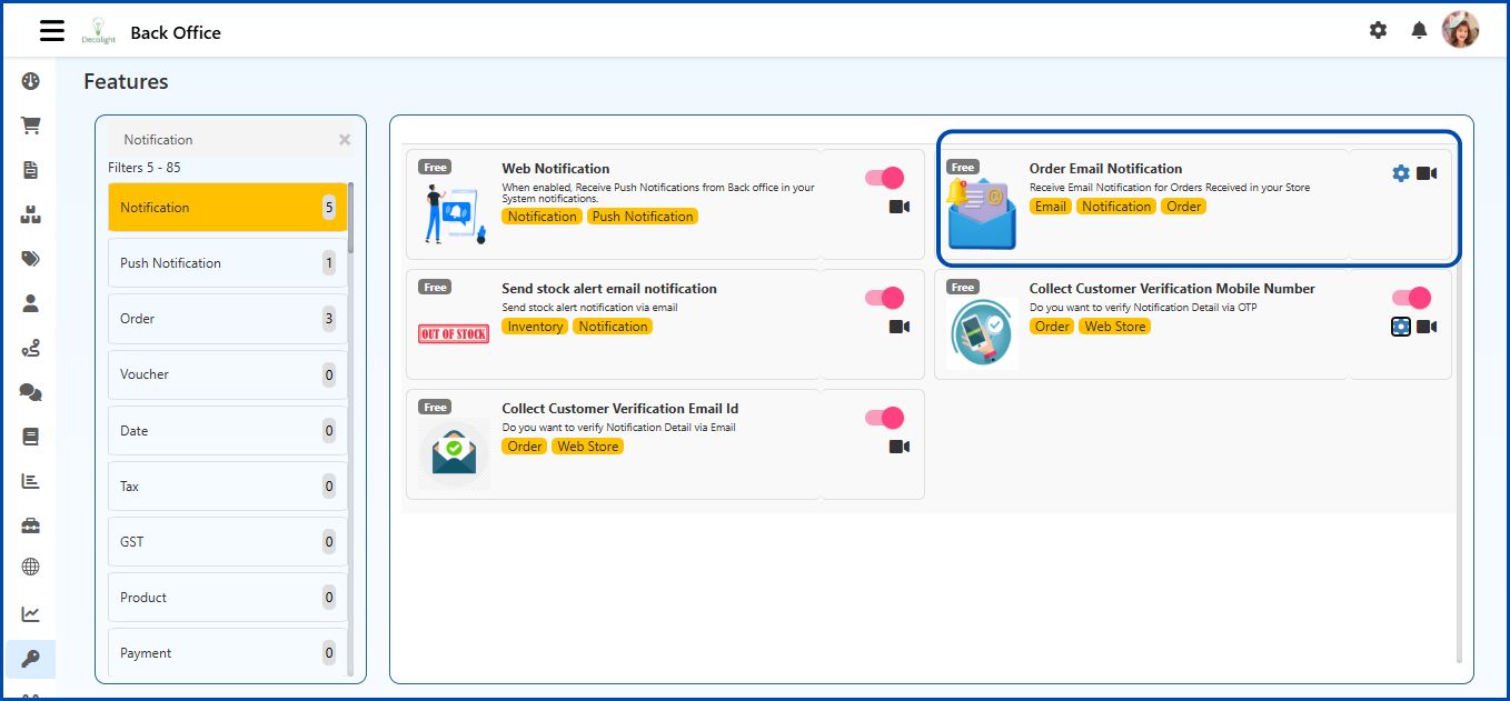 Notification Features in O2VEND