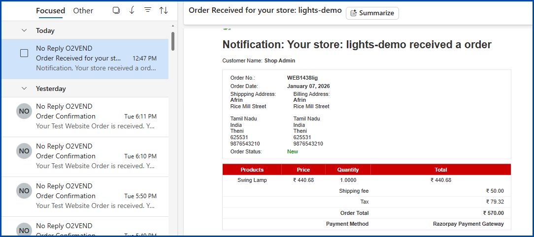 Notification Features in O2VEND