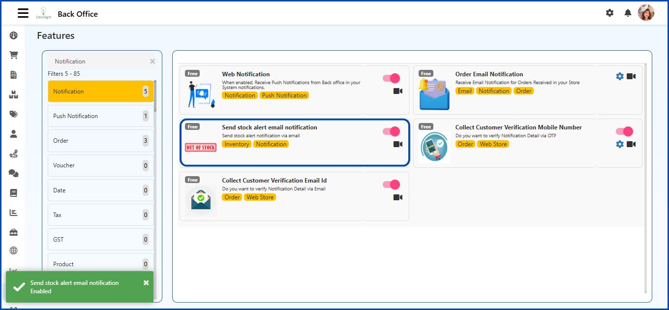 Notification Features in O2VEND