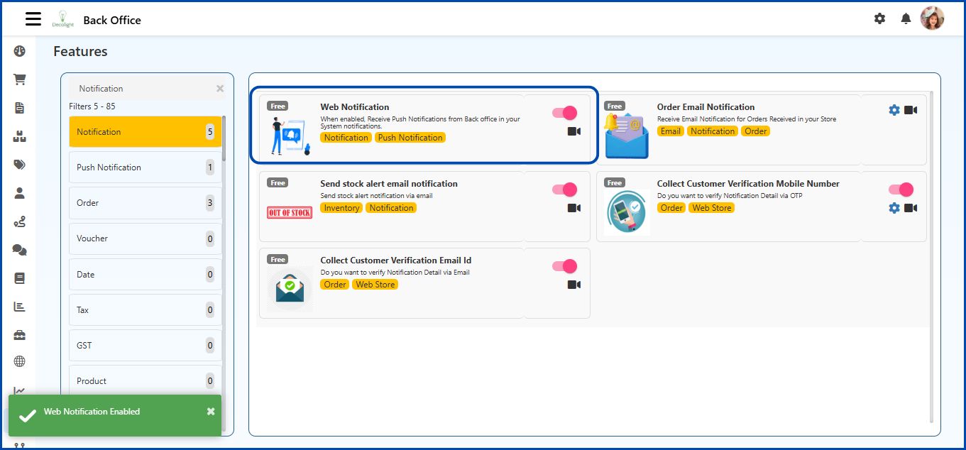 Notification Features in O2VEND