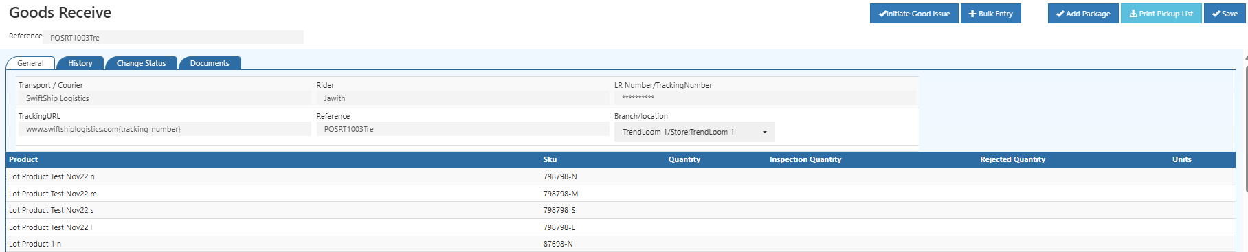 O2VEND Restock Process Showing Product, Quantity, and Warehouse Location