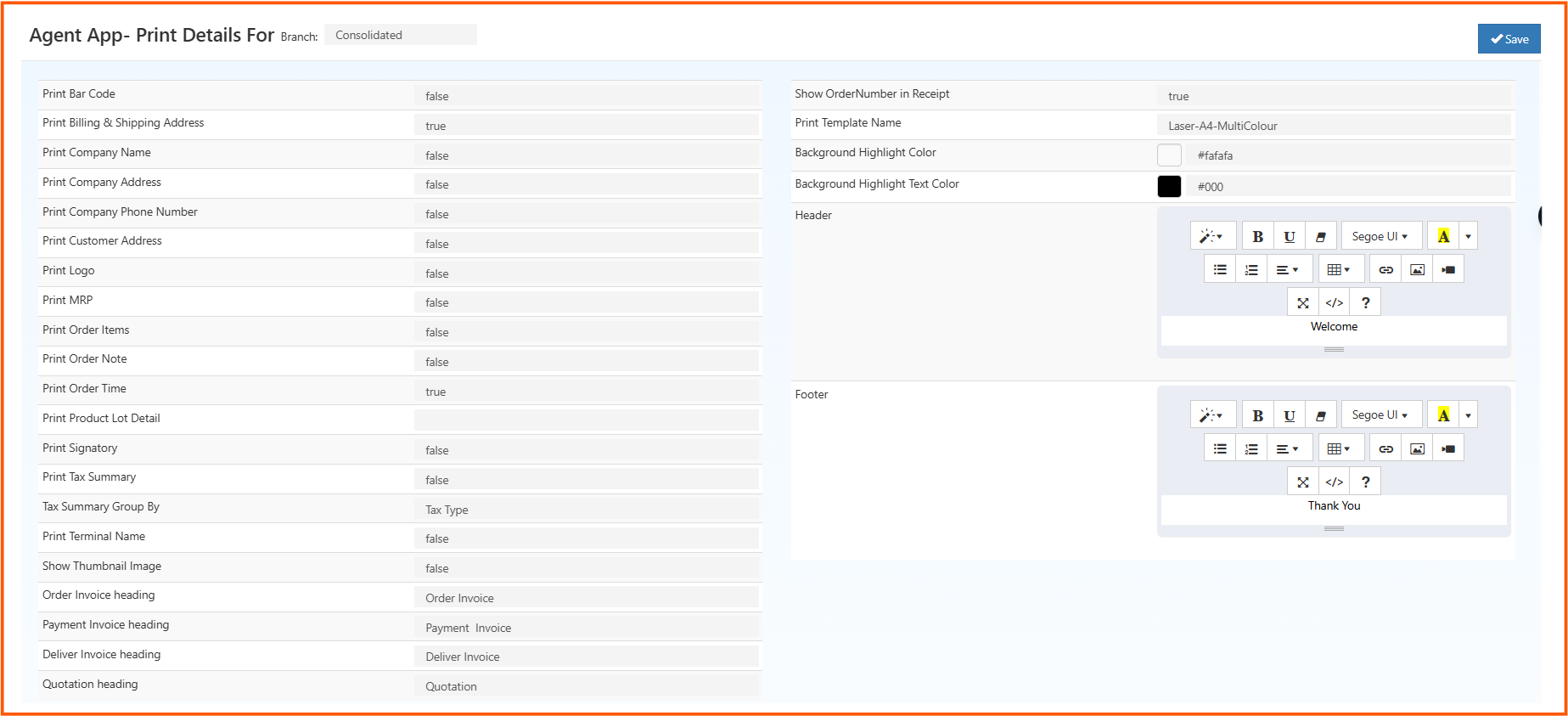 Agent App print settings form