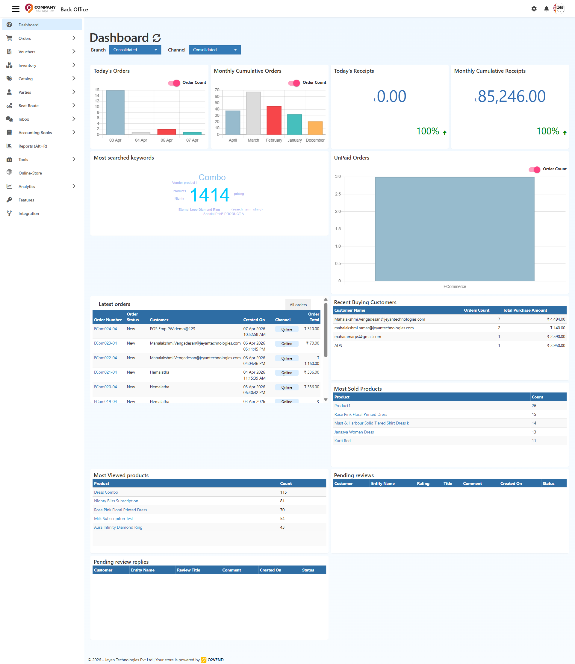 O2VEND Back Office Dashboard