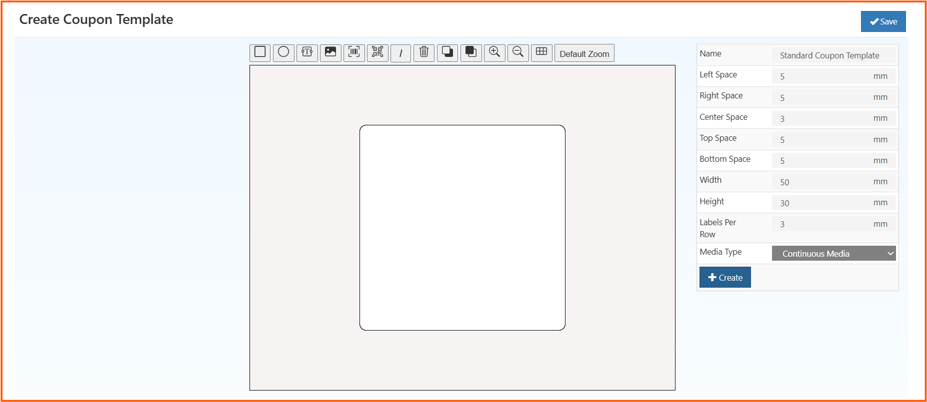 O2VEND Coupon Print Settings basic template configuration with name, media type, and dimensions