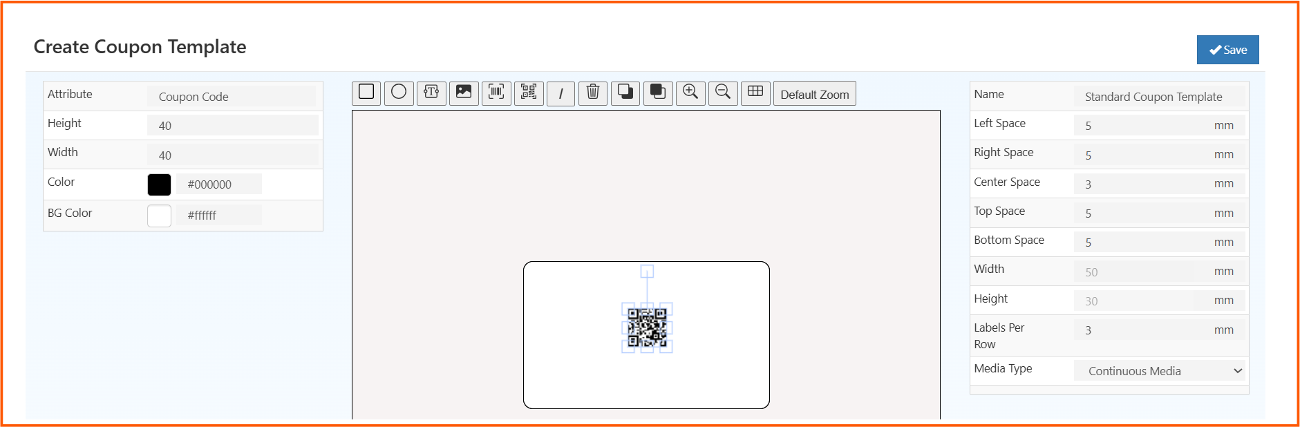 O2VEND Coupon Print Settings margins and layout configuration for paged and roll media